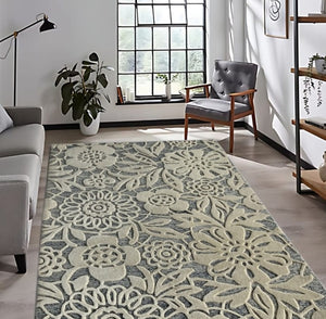 Haut Bas Motif Beige & Grey Floral Hand Tufted New Zealand Wool Carpet & Rug