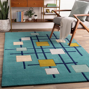 Geobox Teal Green Hand Tufted Carpet  Rug
