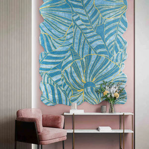 Blue Tropical Foliage Pattern Irregular Rug