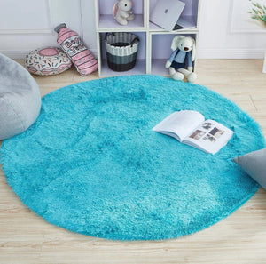 Sky  Blue Round Shaggy Carpet