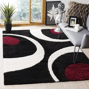 Modern Black , White & Red Geometric Shaggy  Carpet
