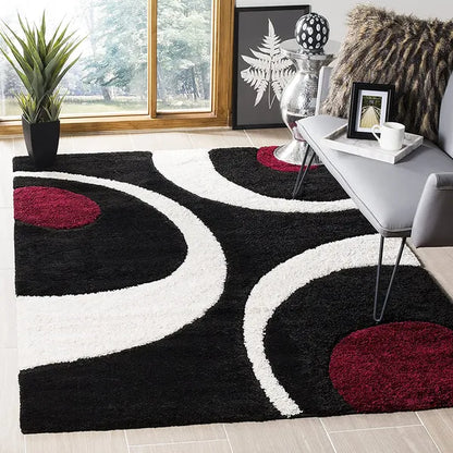 Modern Black , White & Red Geometric Shaggy  Carpet