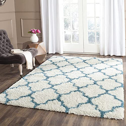 Handmad Teal Blue & Ivory Shaggy Carpet