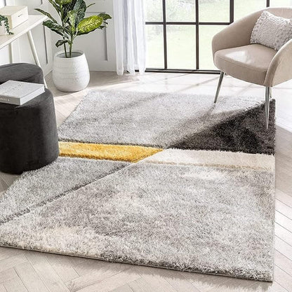 Grey Yellow Compass Geometric Shaggy Carpet