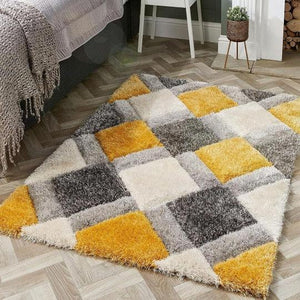 Yellow & White Geometric Shaggy Carpet