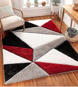 Red & White Geometric Shaggy Carpet