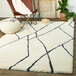Fashron White & Navy Blue Shaggy Carpet